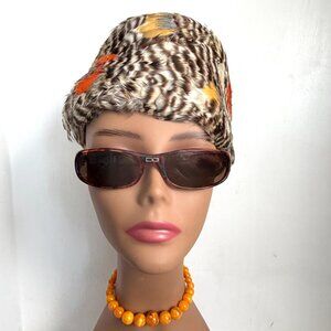 Vintage 60s Italy Pillbox Toque Quail Feathers Brown Striped Color Pop Hat 22"